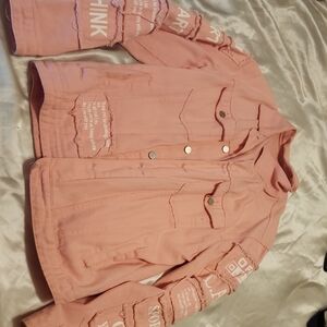 Pink Distressed Jacket with Text Patches